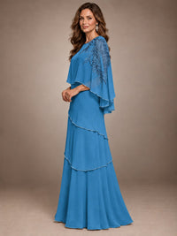 Elegant Chiffon Cape Sleeve Beaded Mother of the Bride Dress