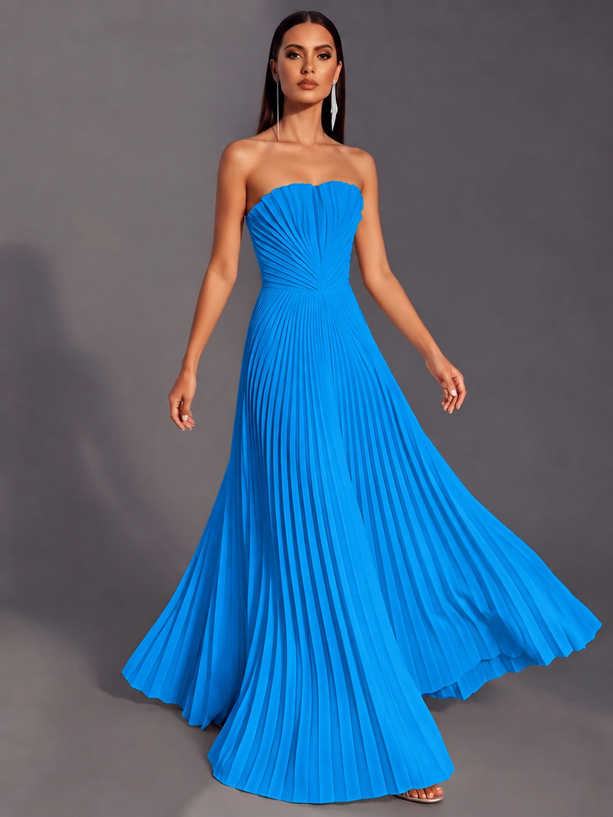 Strapless A-line Long Pleated Satin Prom Dress