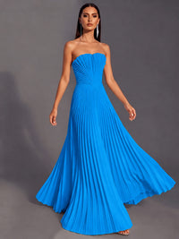 Strapless A-line Long Pleated Satin Prom Dress