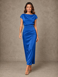 Cowl Neck Satin Mother of the Bride Dress with Ruched Waist