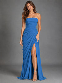 Strapless Bodycon Pleated Chiffon Formal Dress with Slit