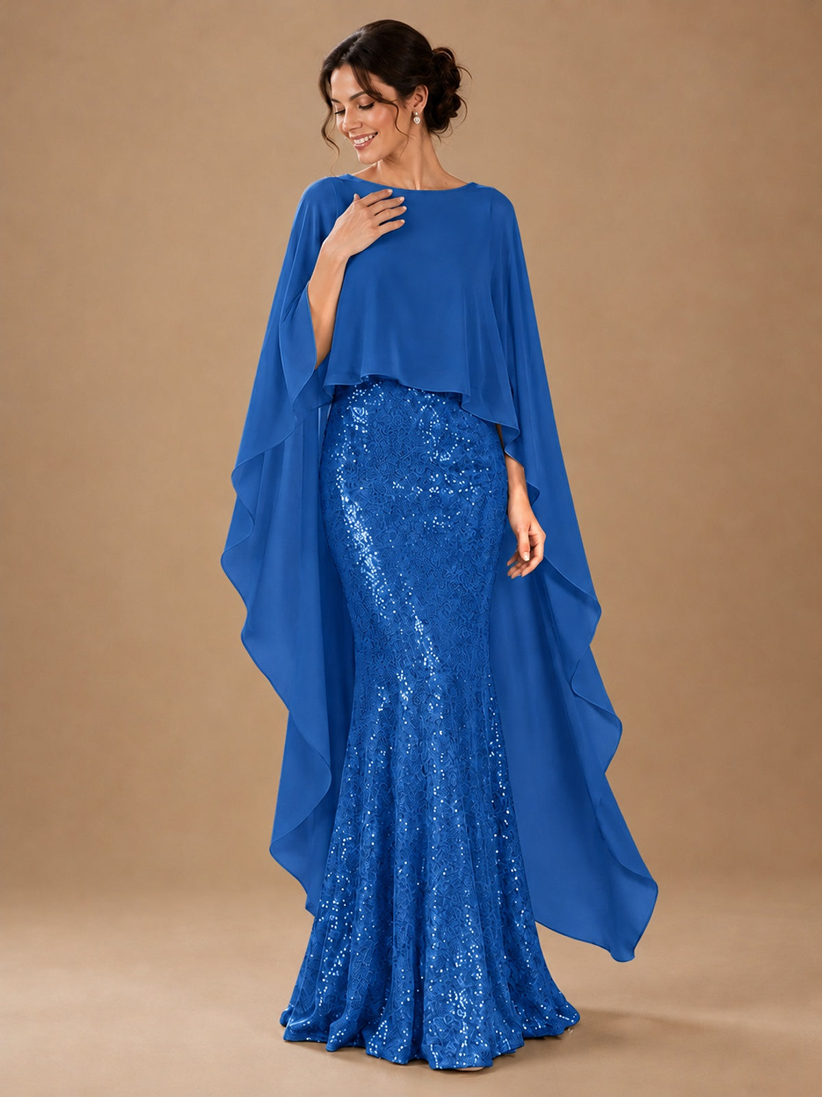 Sequin 2 Pieces Mother of the Bride Dress with Cap Sleeves Chiffon Formal Gowns