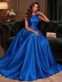 Satin A-Line Prom Dress Sleeveless Beaded Waist Formal Gown with Pockets