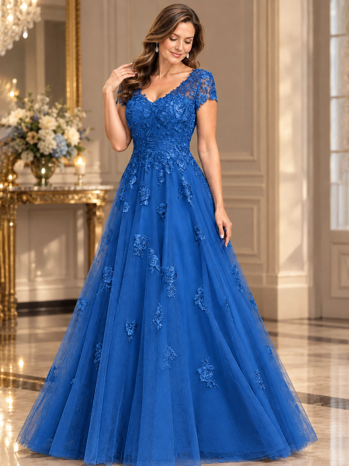 Lace Appliques A-line Mother of The Bride Dresses with Short Sleeves