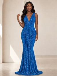 Sequin Mermaid Prom Dress with V-Neck and Ruched Waist