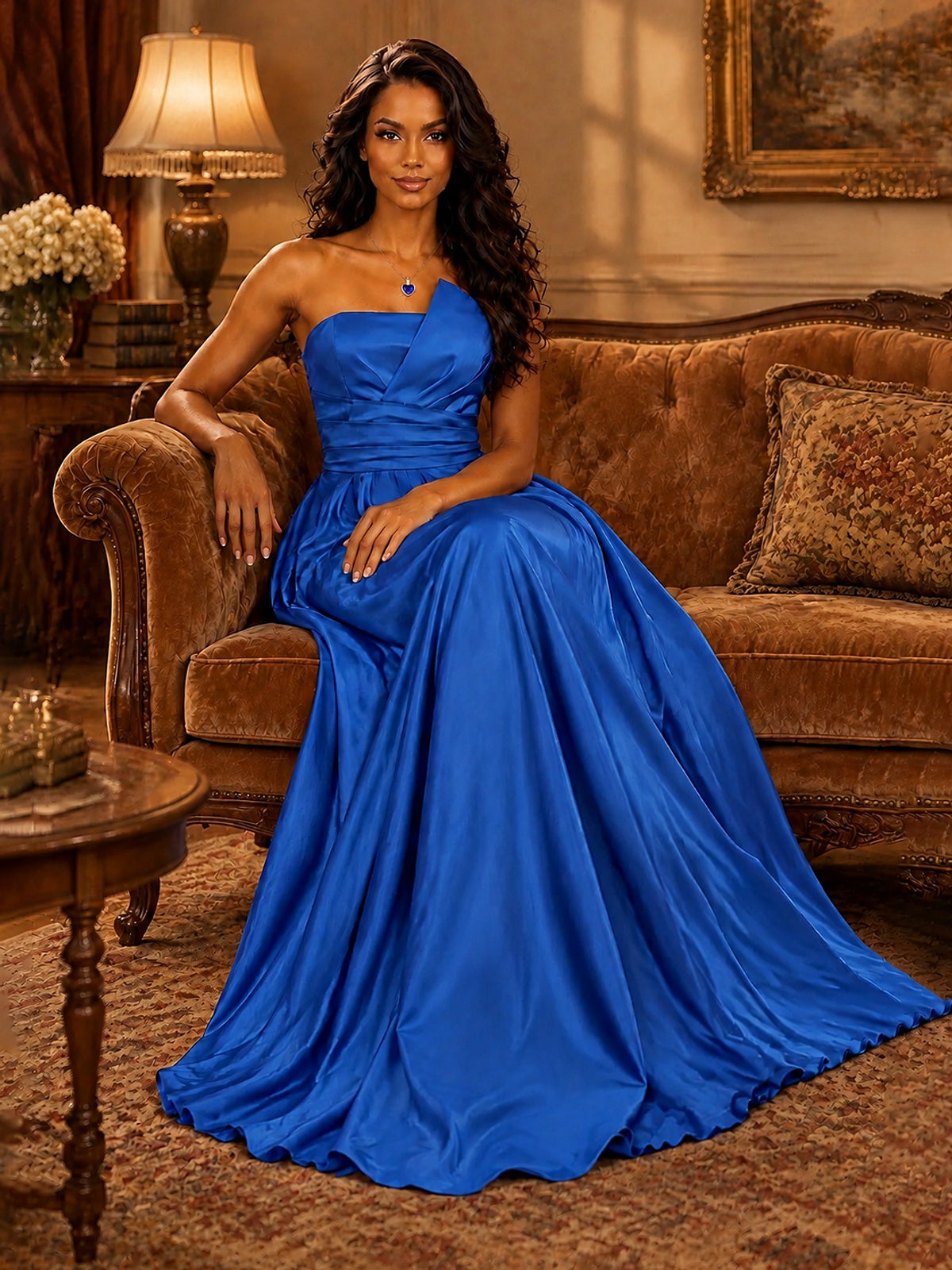 Draped Satin Prom Dress Strapless A-line Formal Dress Floor Length