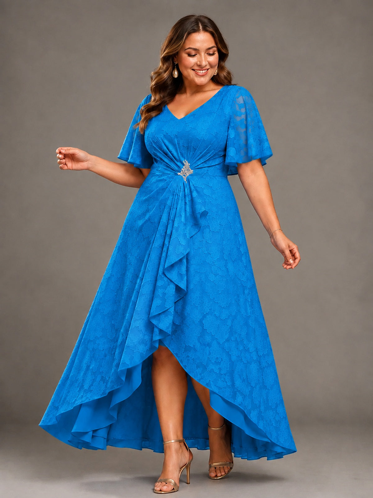 Jacquard Chiffon A-Line V-Neck High-Low Mother of the Bride Dress
