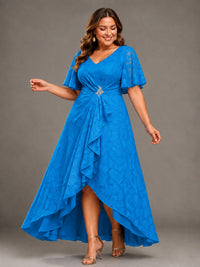 Jacquard Chiffon A-Line V-Neck High-Low Mother of the Bride Dress