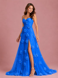 3D Floral Applique Strapless Tulle Prom Dress with High Slit