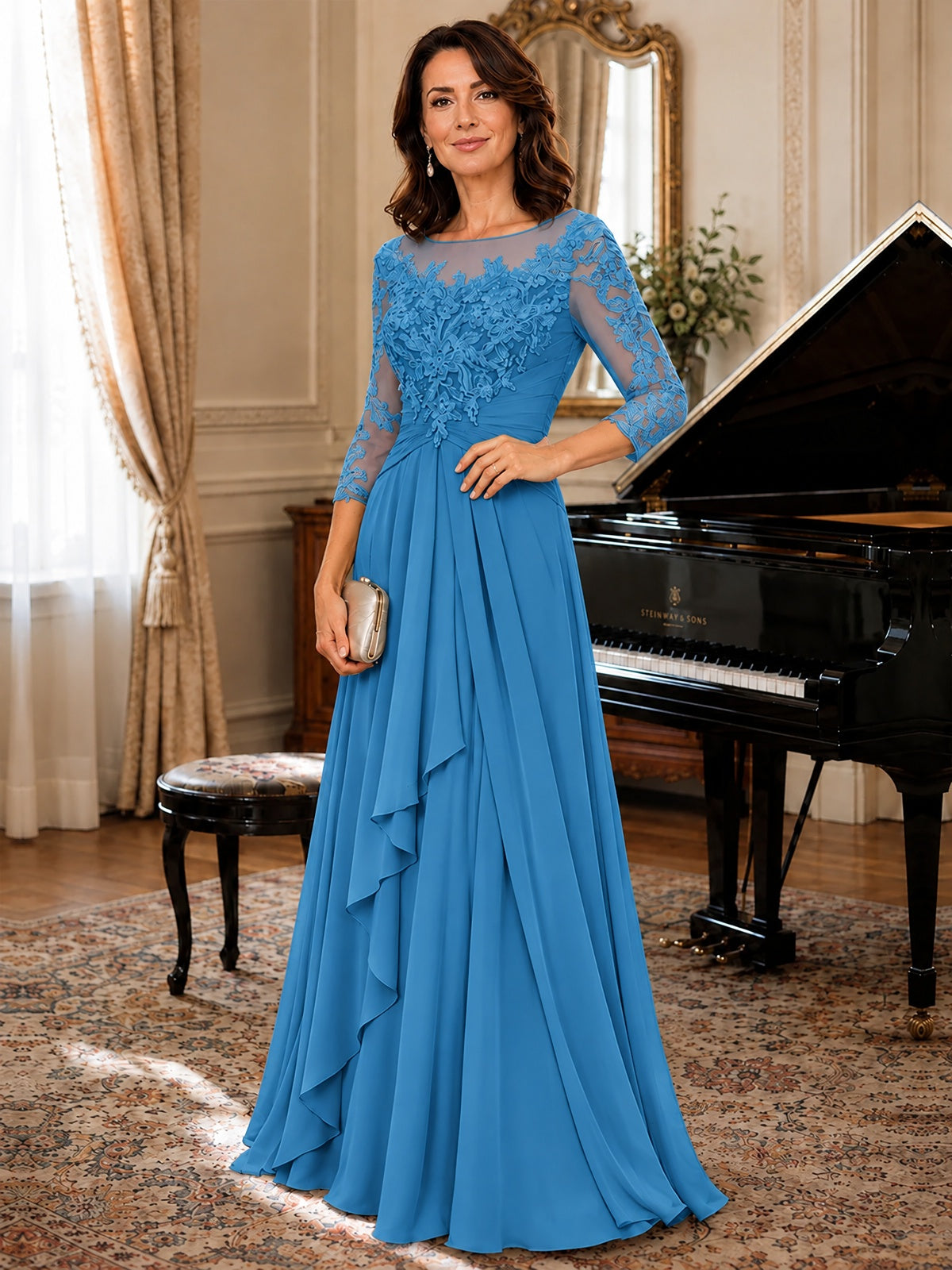 A-Line Chiffon Mother of the Bride Dress with Floral Applique 3/4 Sleeves