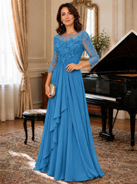 A-Line Chiffon Mother of the Bride Dress with Floral Applique 3/4 Sleeves