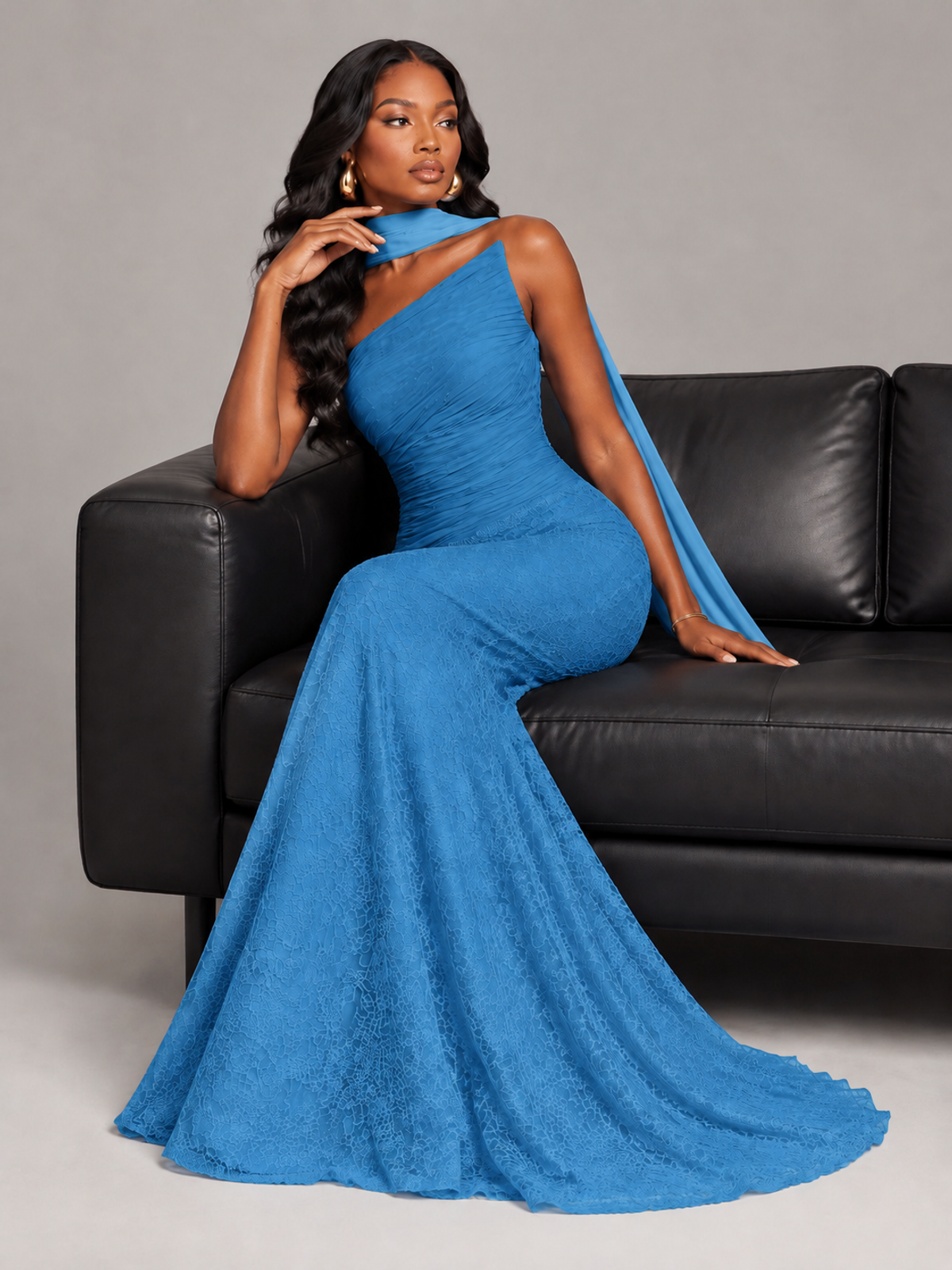 Pleated Chiffon Lace Prom Dresses Long Bodycon Mermaid with Scarf