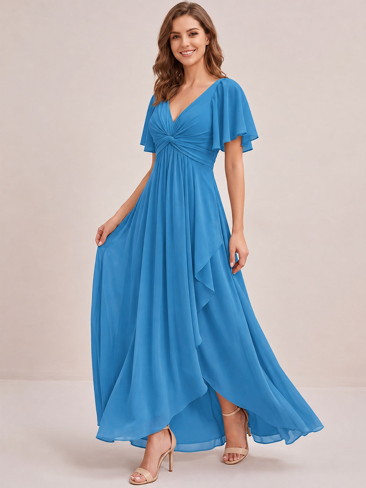 Dusty Blue Chiffon Bridesmaid Dress with Flutter Sleeves & High-Low Hem