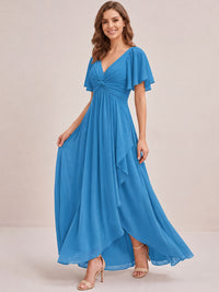 Dusty Blue Chiffon Bridesmaid Dress with Flutter Sleeves & High-Low Hem