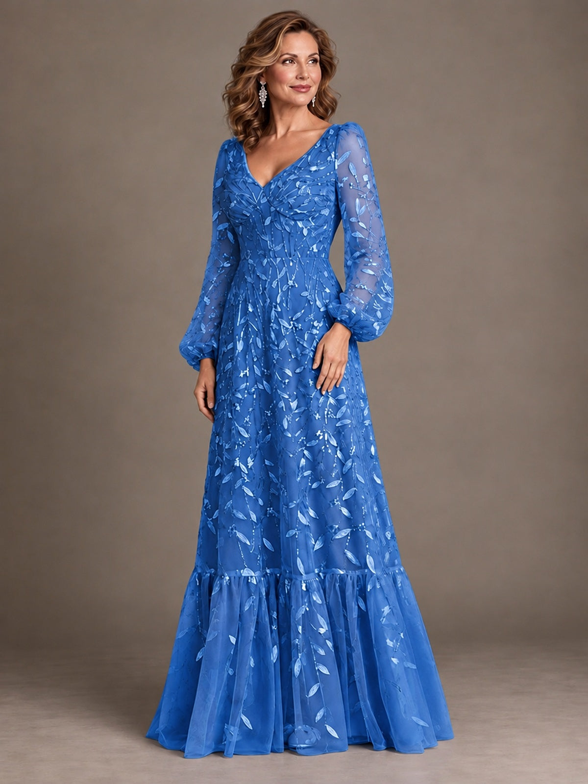 Floral Sequin Embroidered A-Line Mother of the Bride Dress with Long Sleeves