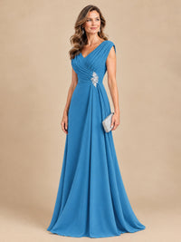 V Neck Pleated Mother of The Bride Dresses with Beading Cap Sleeves