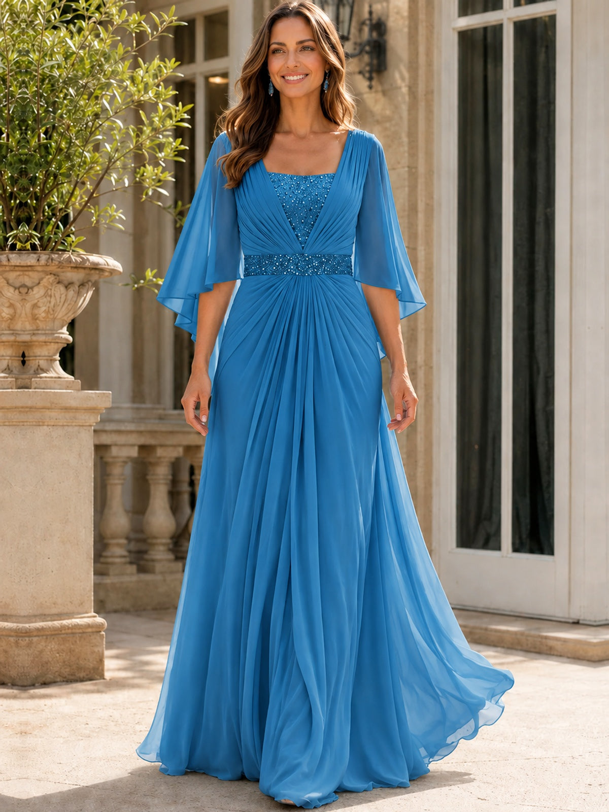 Elegant V-Neck Sequined Chiffon Mother of the Bride Dress with Flutter Sleeves