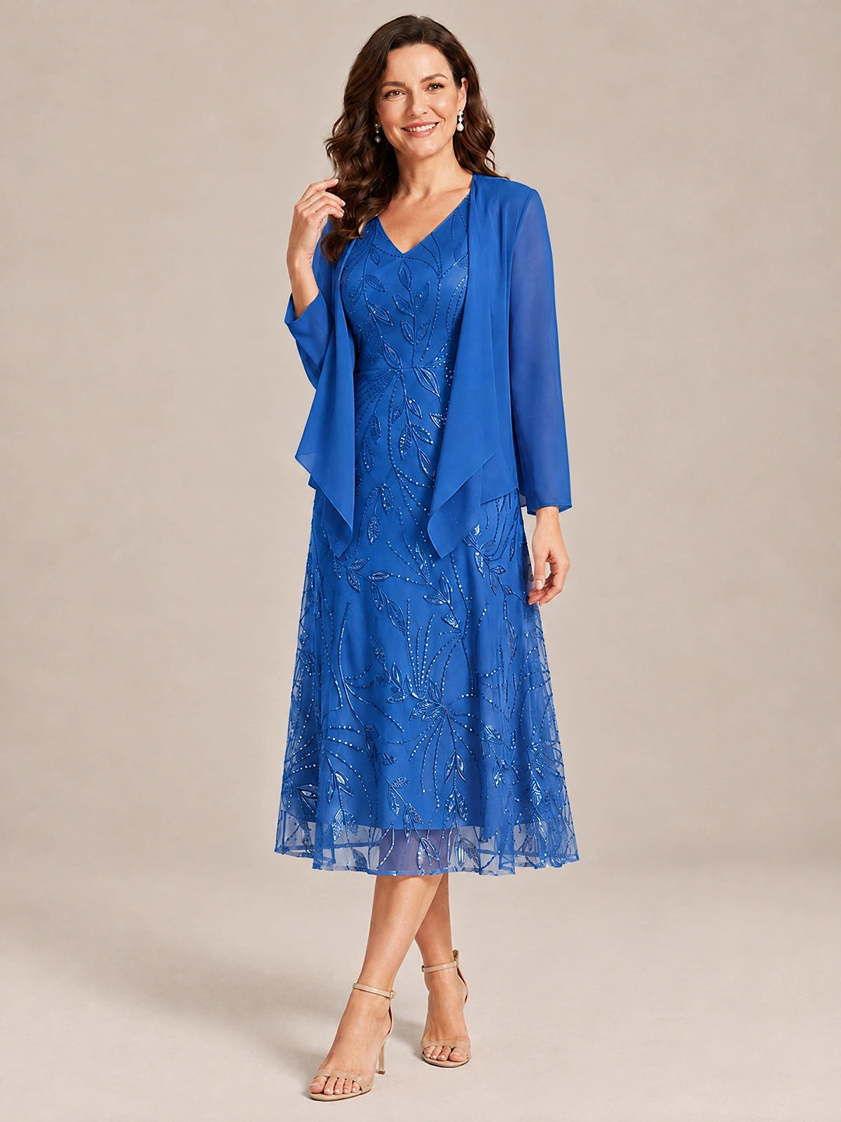 Tea Length Sequin Lace Mother of the Bride Dress with Chiffon Jacket