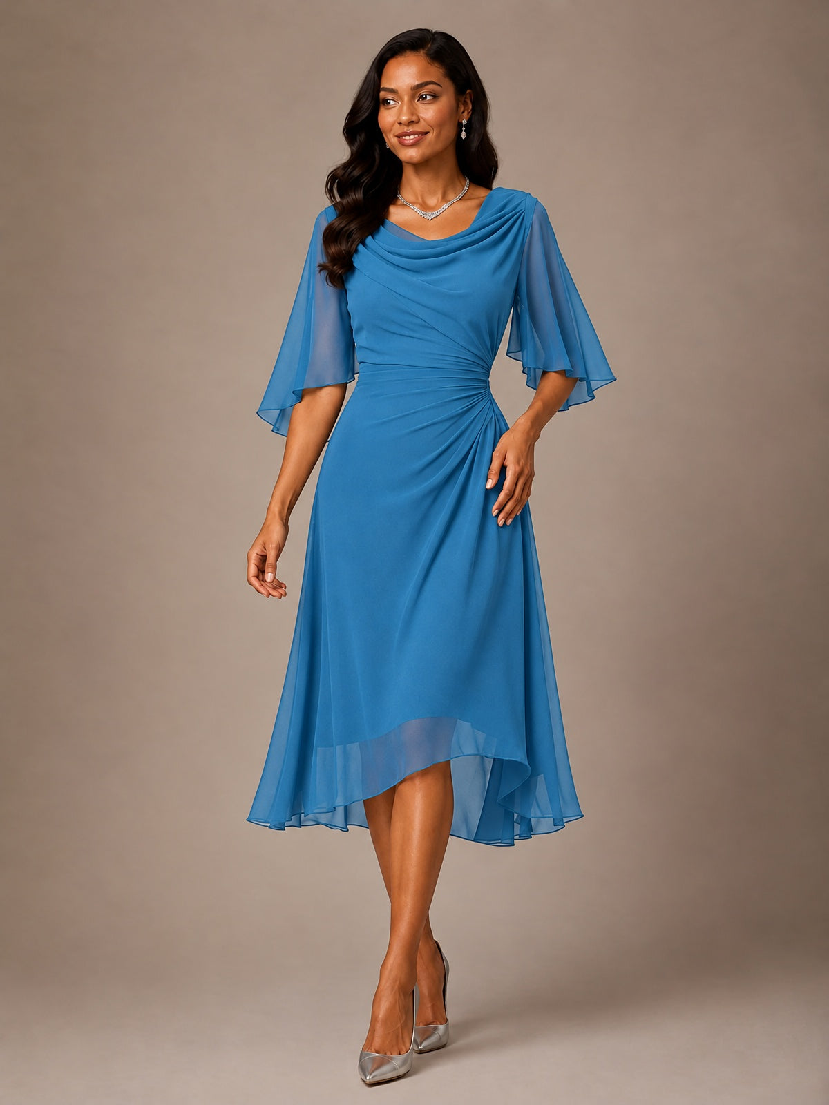 Cowl Neck Ruched Chiffon Mother of the Bride Dresses with Flutter Sleeves