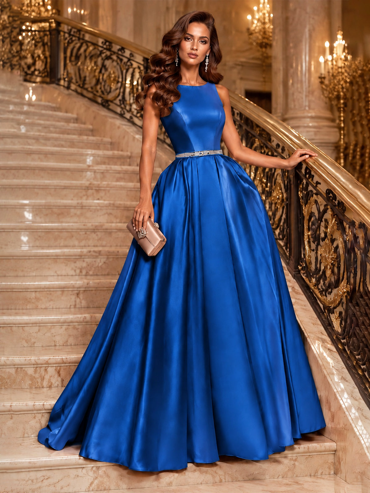 Satin A-Line Prom Dress Sleeveless Beaded Waist Formal Gown with Pockets