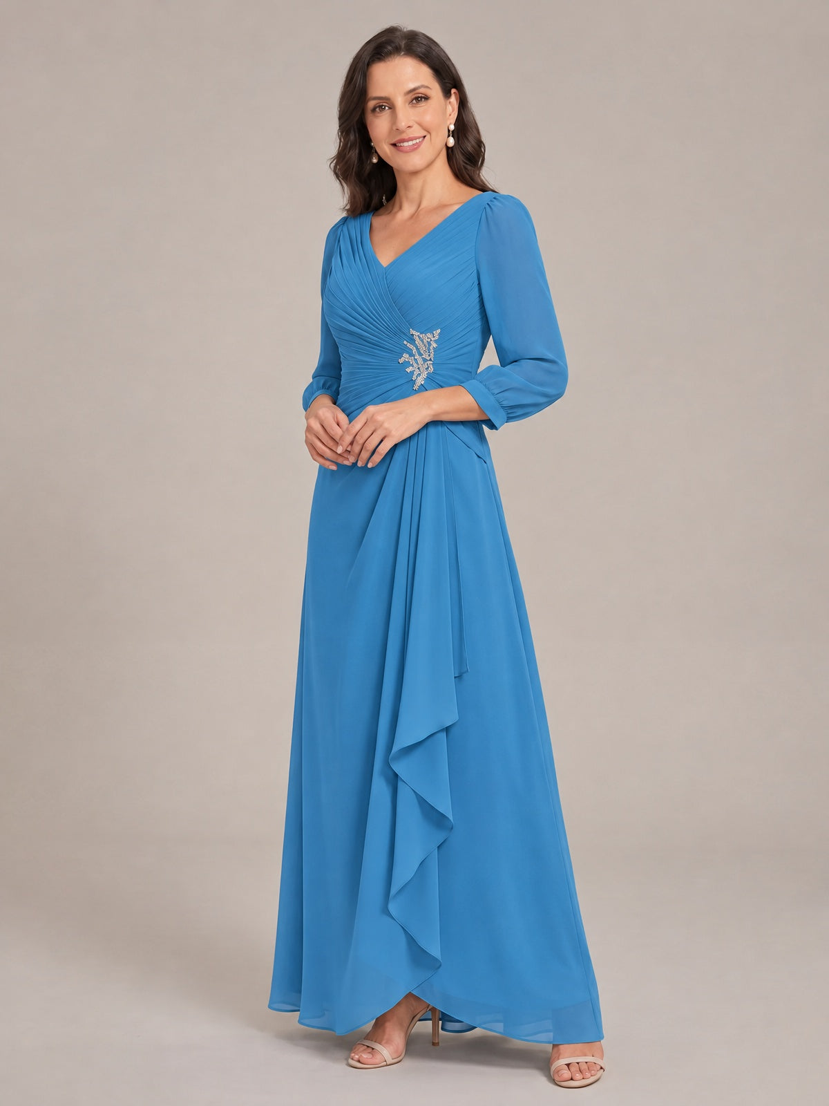 V-Neck Pleated Chiffon Mother of the Bride Dress with Flutter Sleeves