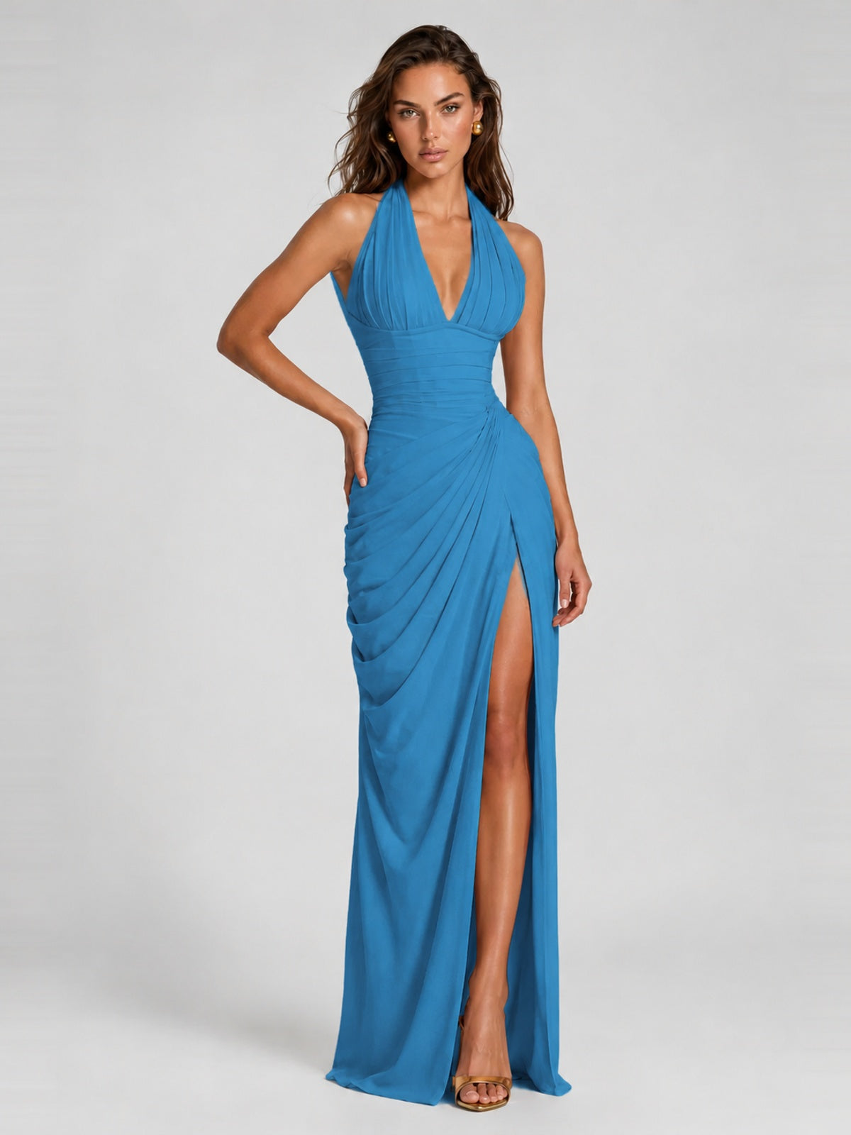 Ruched Halter Neck High-Slit Prom & Evening Dress