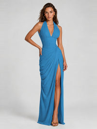 Ruched Halter Neck High-Slit Prom & Evening Dress