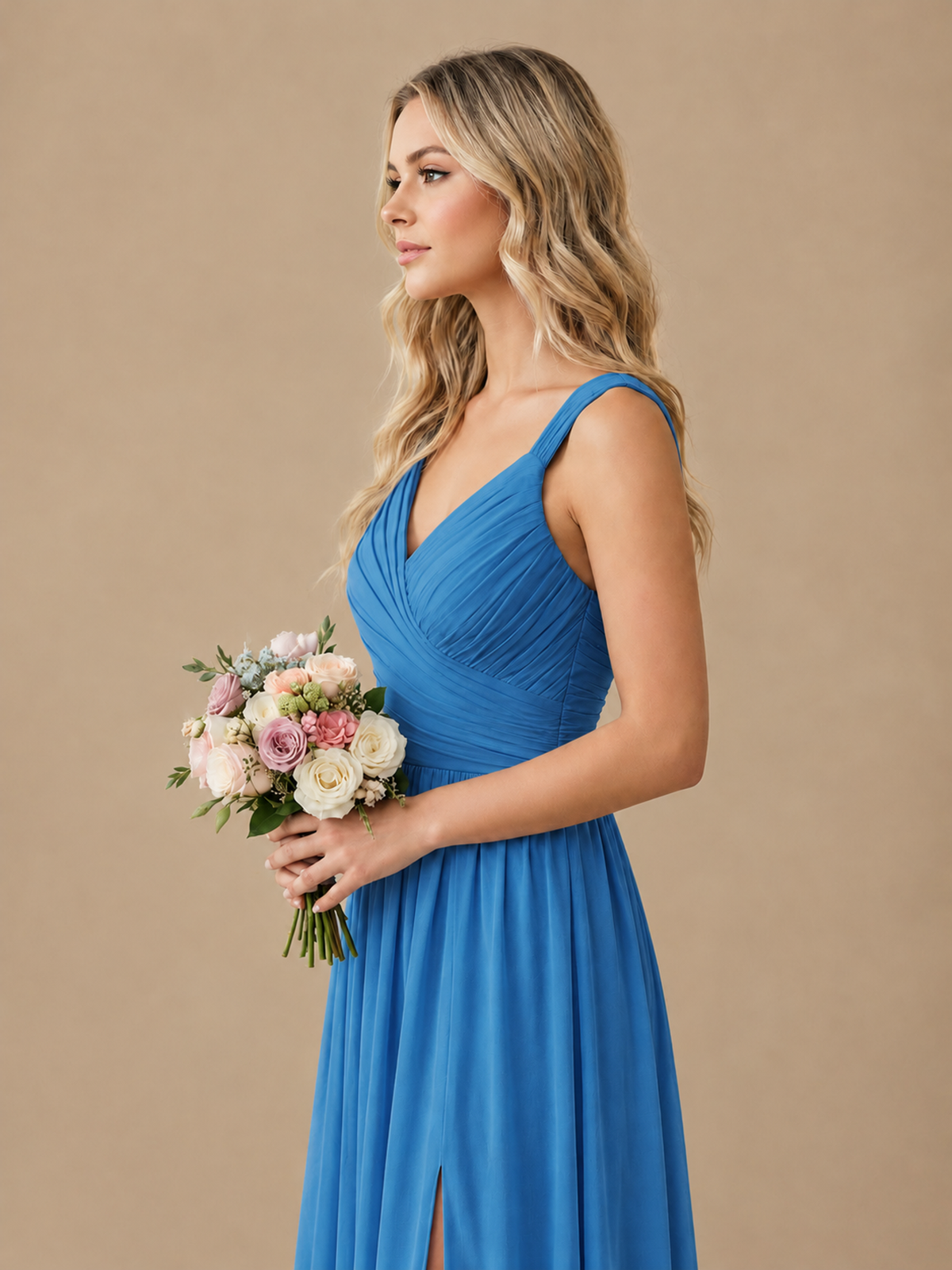 Pleated Chiffon V Neck Wedding Bridesmaid Dresses Floor Length with Slit