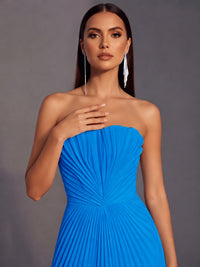 Strapless A-line Long Pleated Satin Prom Dress