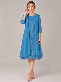 Tea Length Sequin Lace Mother of The Bride Dress with Chiffon Jacket