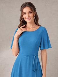 Scoop Neck A-line Chiffon Bridesmaid Dress with Flutter Sleeve & Belt