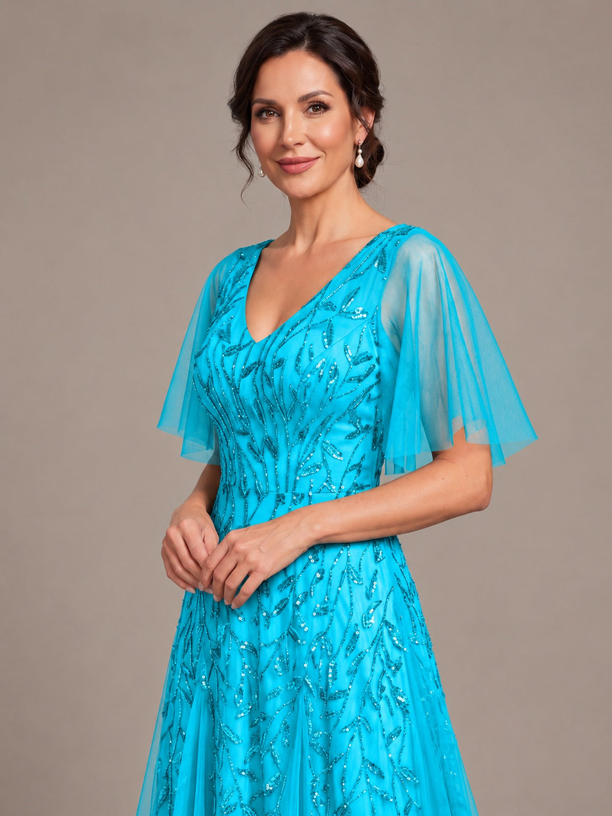 V-Neck Sequin Tulle Mother of the Bride Dress with Flutter Sleeve