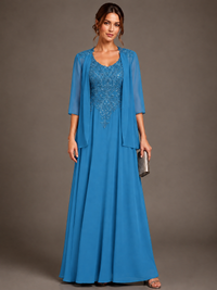 A-line 2 Pieces Chiffon Appliques Mother of The Bride Dresses with Jackets