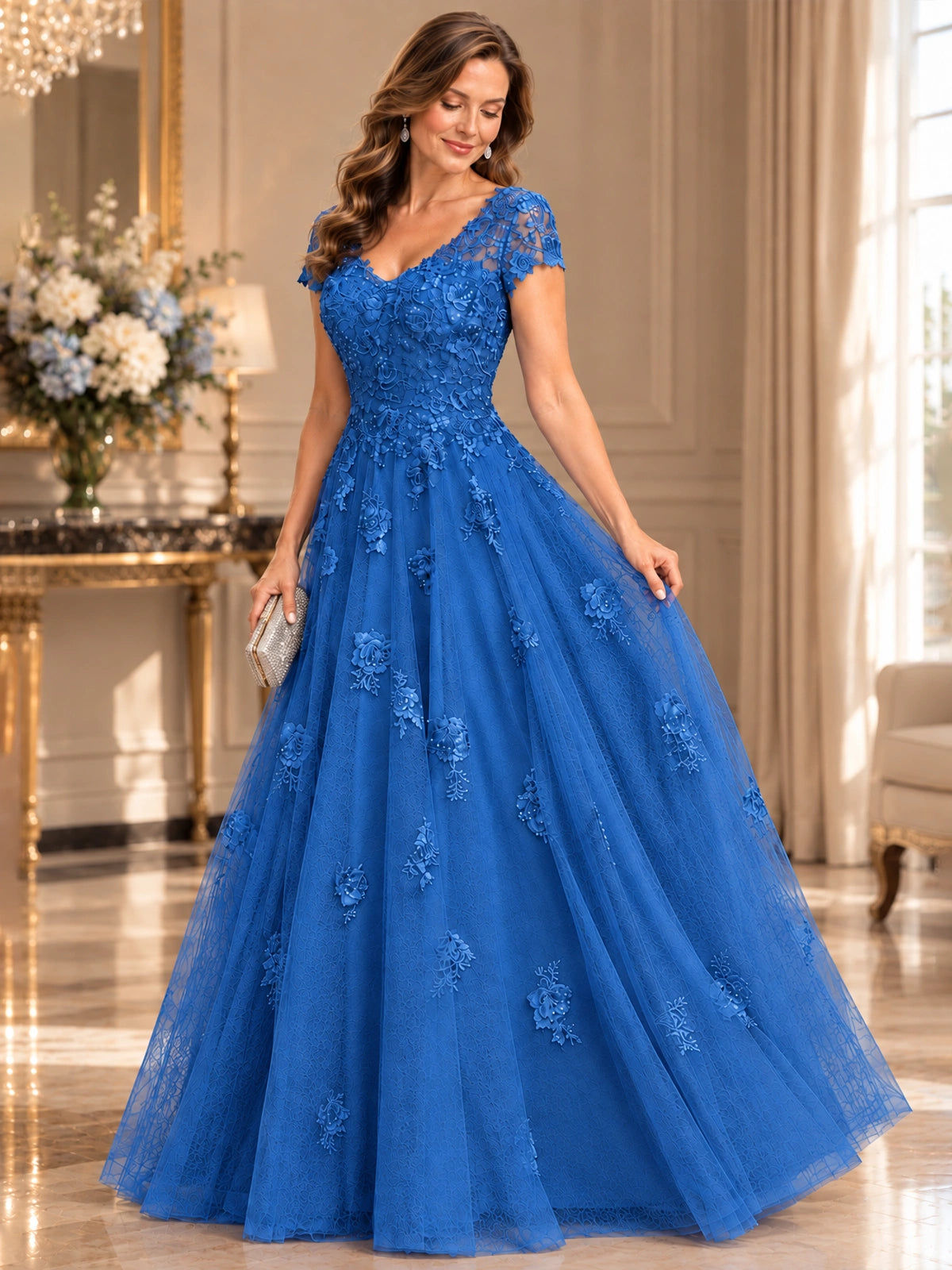 Lace Appliques A-line Mother of The Bride Dresses with Short Sleeves