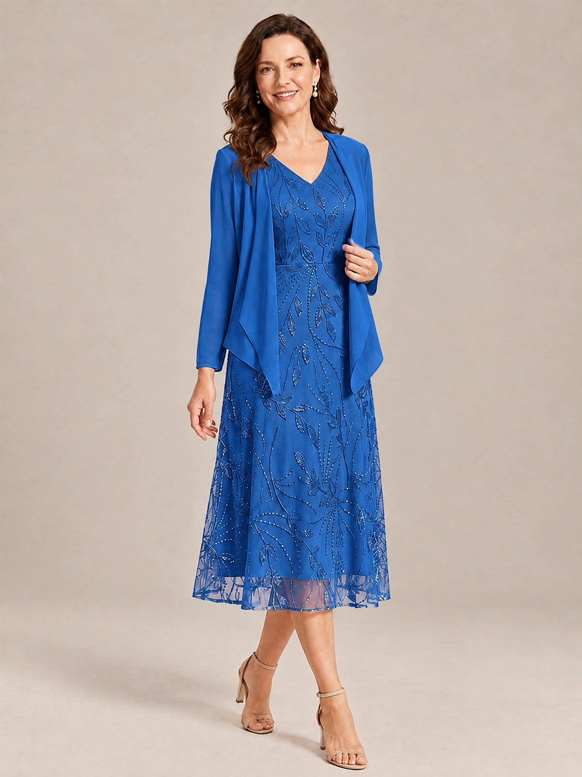 Tea Length Sequin Lace Mother of the Bride Dress with Chiffon Jacket