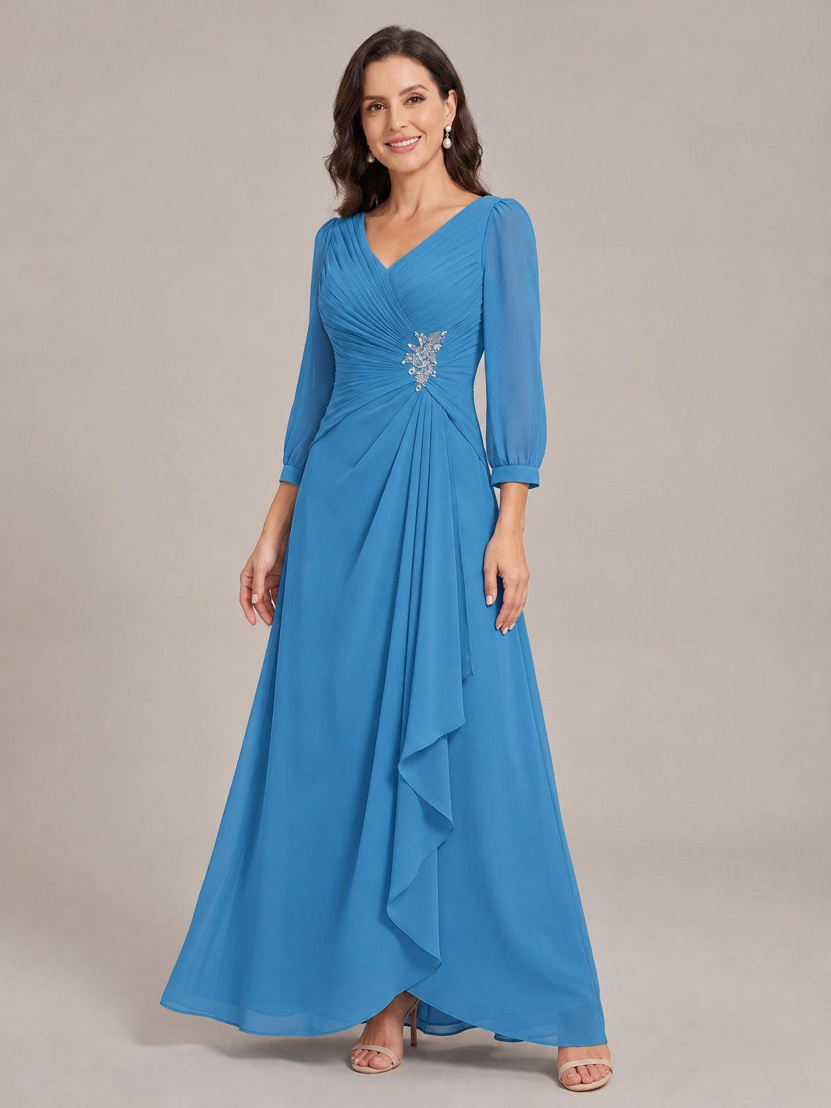 V-Neck Pleated Chiffon Mother of the Bride Dress with Flutter Sleeves