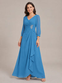 V-Neck Pleated Chiffon Mother of the Bride Dress with Flutter Sleeves