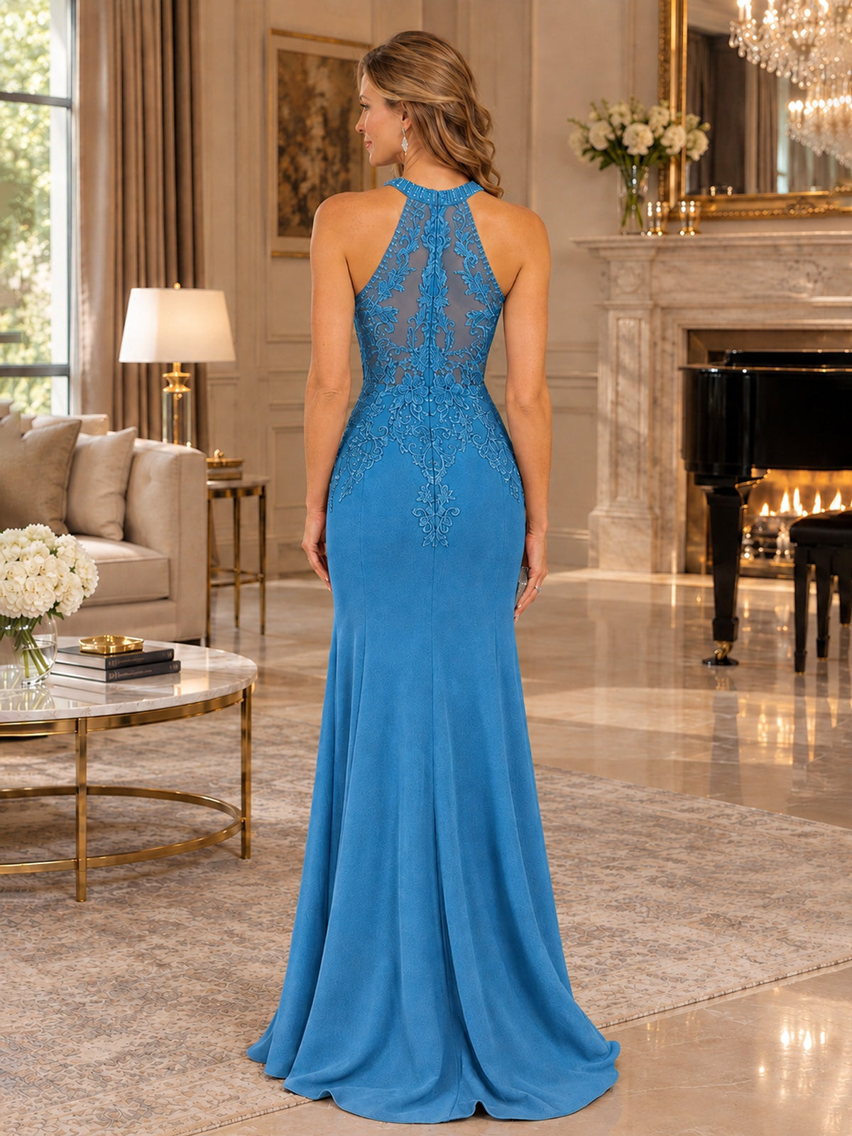 Halter Neckline Lace Appliques Mother of The Bride Dresses