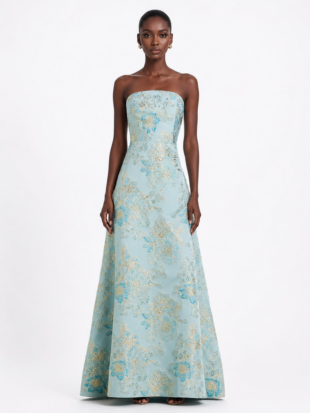 Light Blue Floral Jacquard Strapless A-Line Maxi Dress