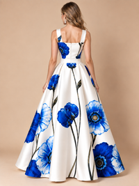 Blue and white floral A-line ball gown for women