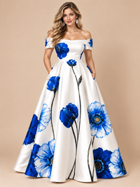 Blue and white floral formal ball gown for women