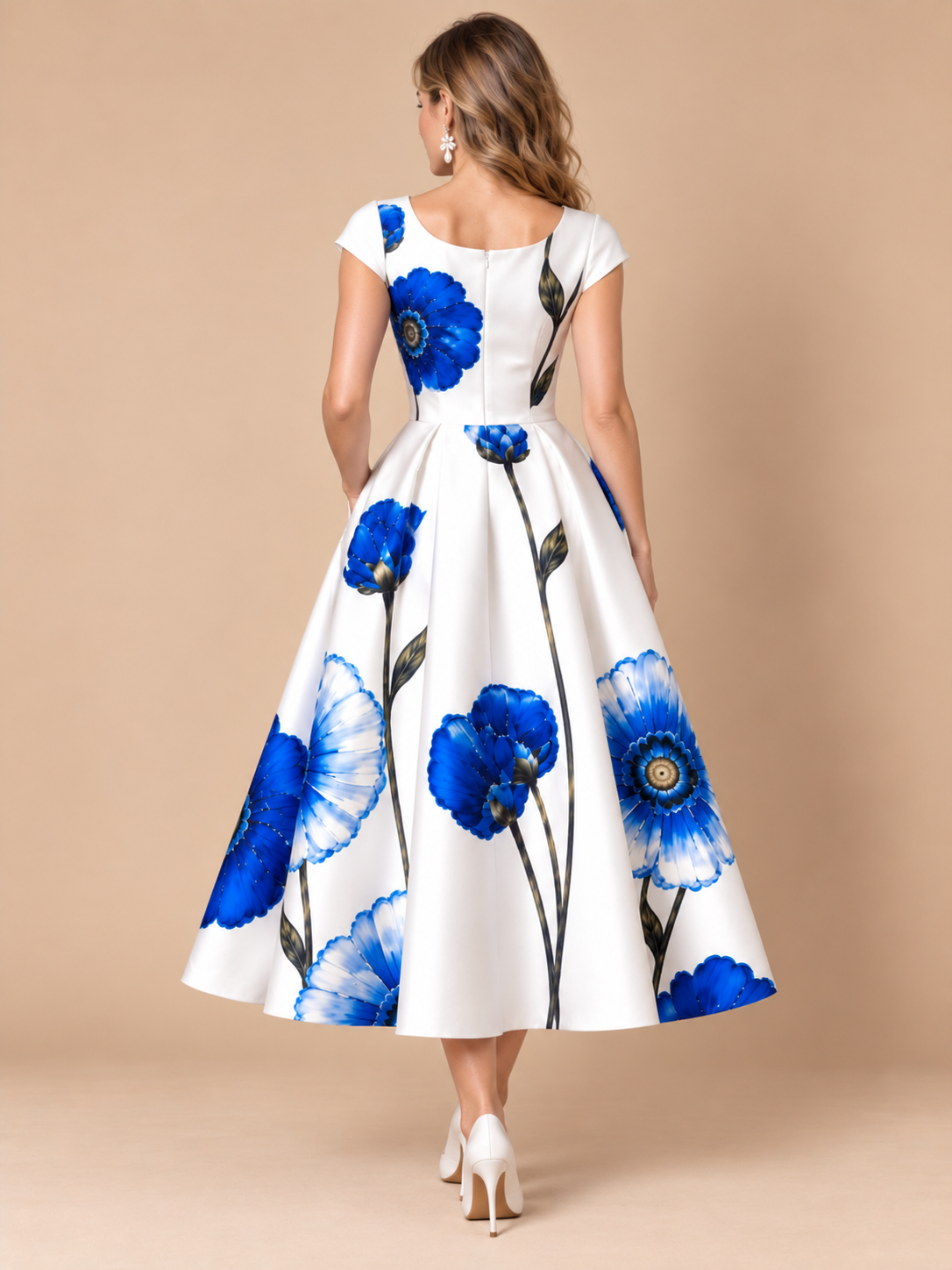 Blue and white floral midi wedding guest dress