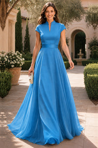 V Neck Cap Sleeve A-Line Floor-Length Satin Bridesmaid Dress