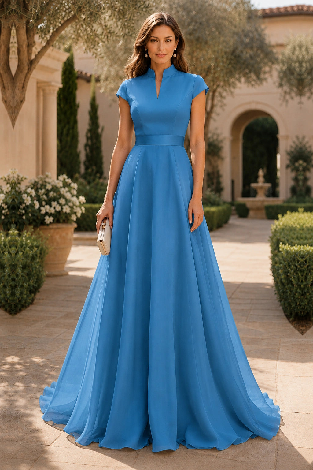 V Neck Cap Sleeve A-Line Floor-Length Satin Bridesmaid Dress