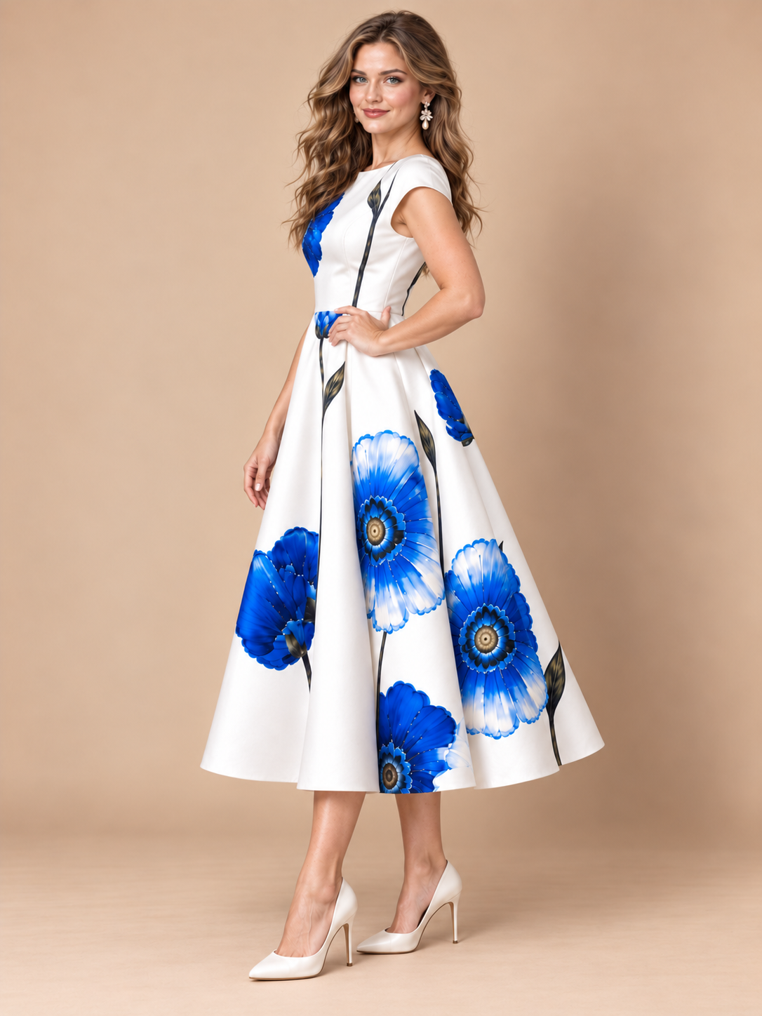 Blue floral A-line midi dress with cap sleeves