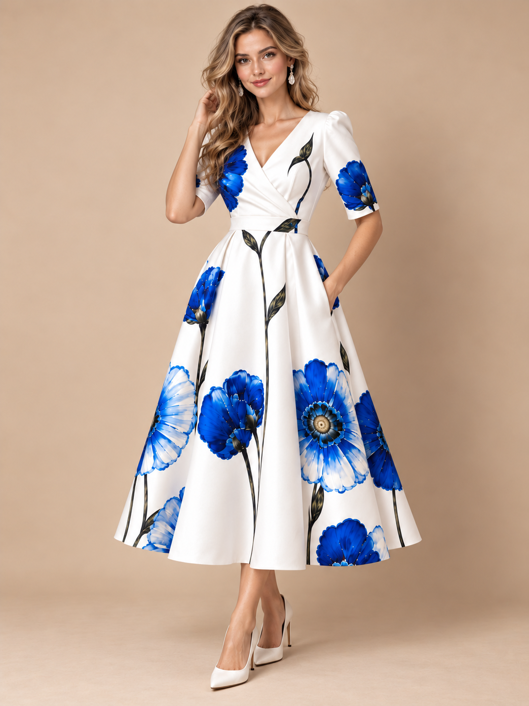 Blue floral A-line midi dress with short sleeves
