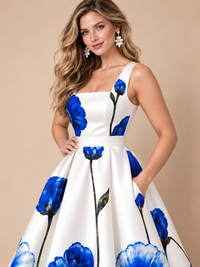Blue floral formal gown with square neckline and wide straps