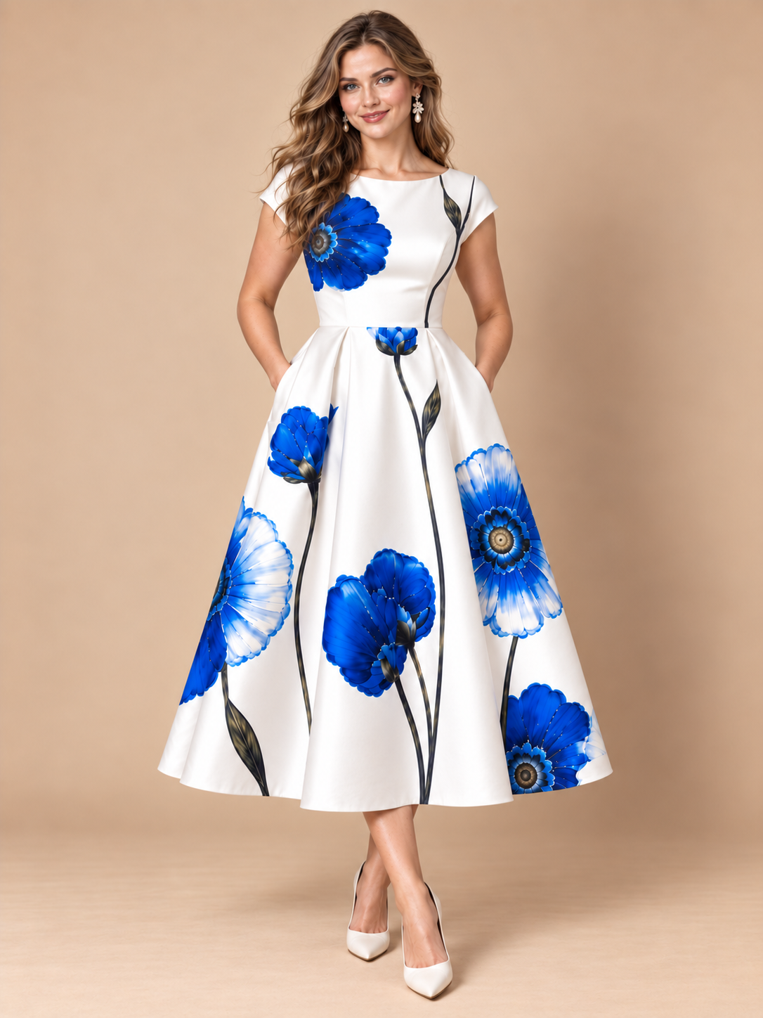 Blue floral midi dress with side pockets