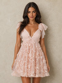 Blush Pink 3D Floral Tulle Short Homecoming Dress