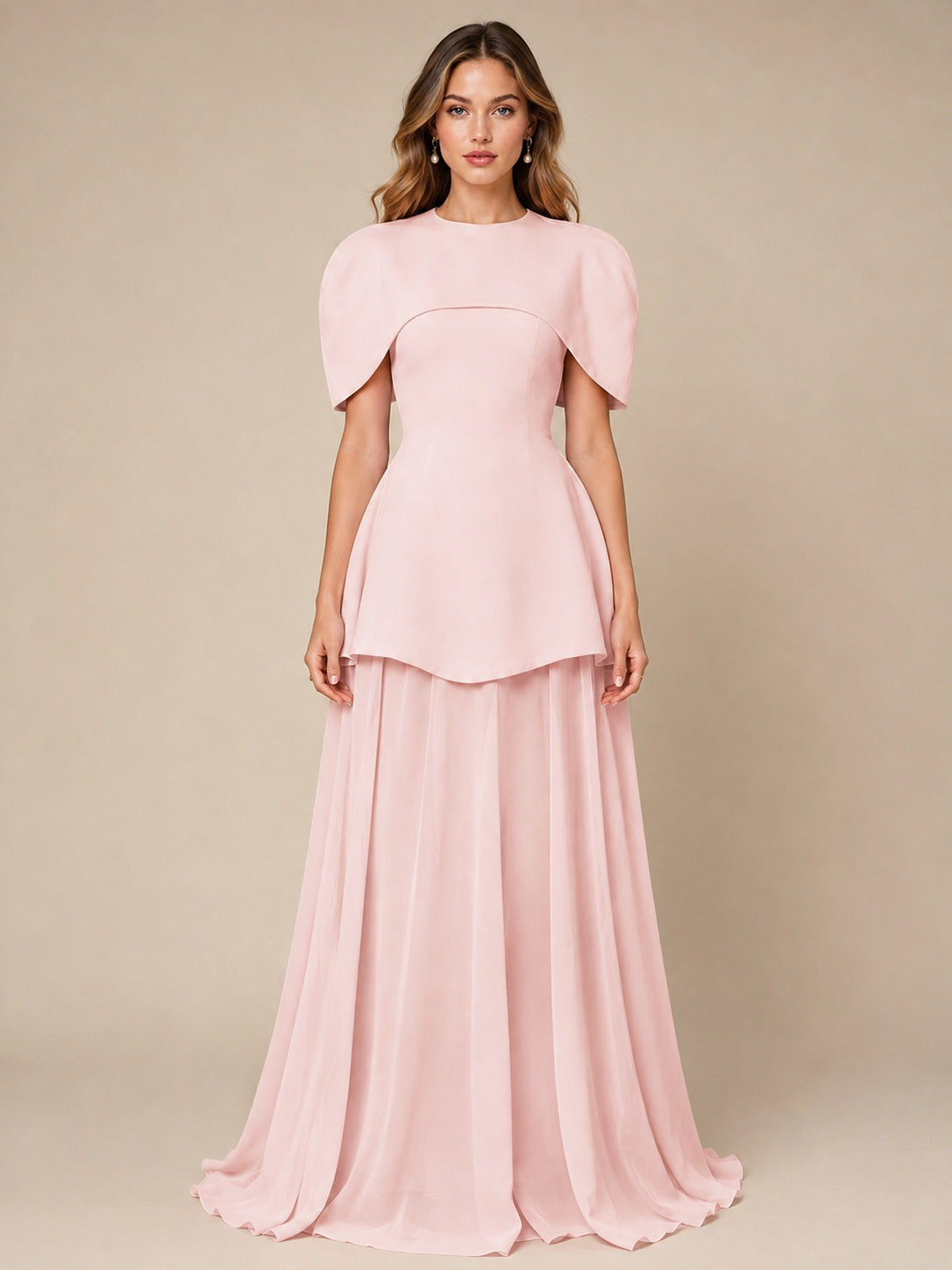 Blush Pink Cape Sleeve Peplum Maxi Dress